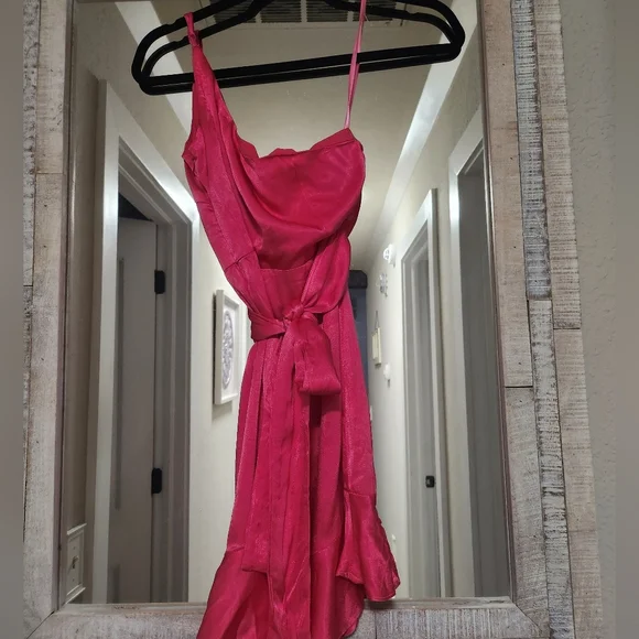 SELFIE LESLIE DON'T WAIT UP ONE SHOULDER WAIST TIE DRESS HOT PINK - Picture 9 of 12